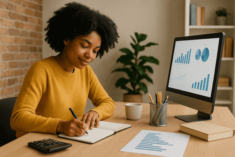 "Organized desk with colorful sticky notes, black pen, and calendar with circled due dates in natural lighting"