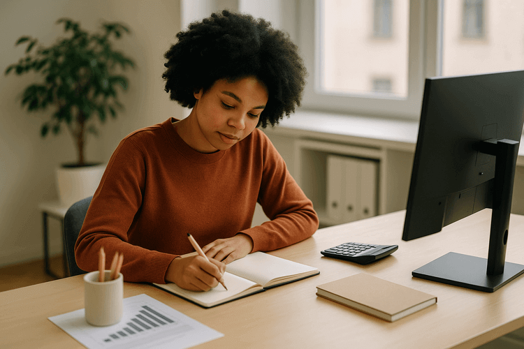 Financial advisor's desk with Form ADV document under magnifying glass, surrounded by charts and papers in professional office setting.