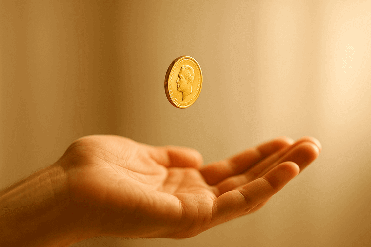 "Golden number '1' floating above organized money on white desk"