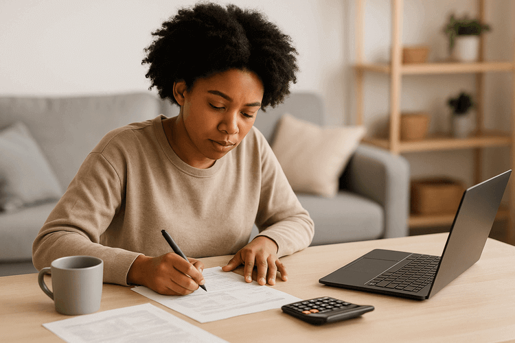Financial documents, calculator, pen, and stacked dollar bills arranged on wooden desk from above.