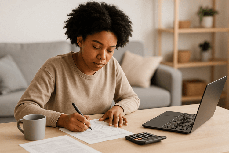 Financial documents, calculator, pen, and stacked dollar bills arranged on wooden desk from above.