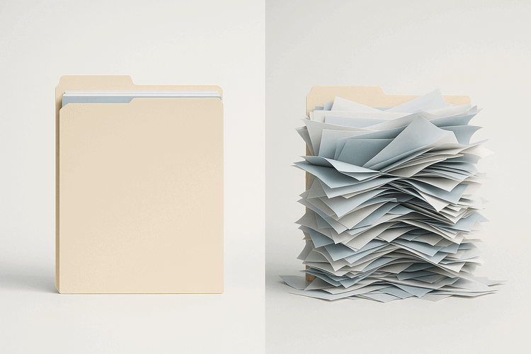 Professional office worker holding colorful file folders with confused expression in modern workspace with scattered documents.