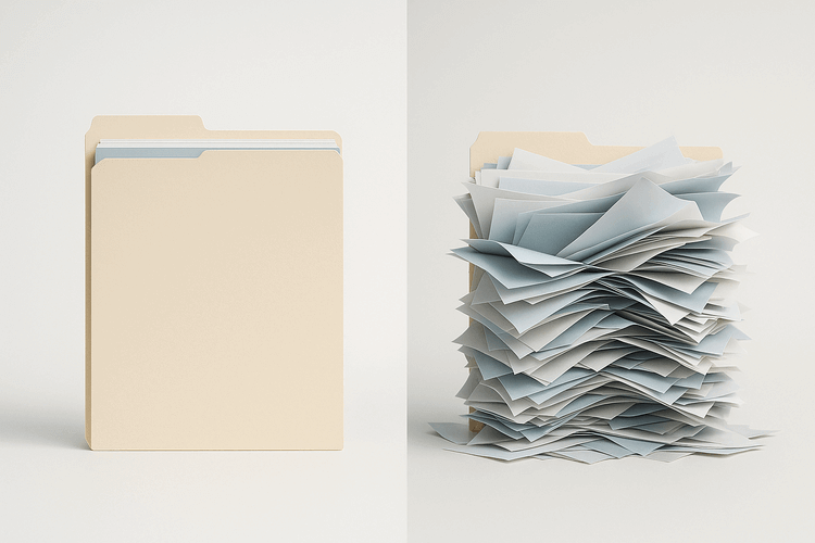 Professional office worker holding colorful file folders with confused expression in modern workspace with scattered documents.