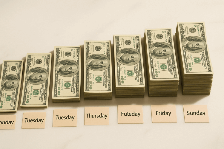 Seven organized stacks of cash on wooden desk, each labeled with colorful sticky notes showing days of the week for budget planning.