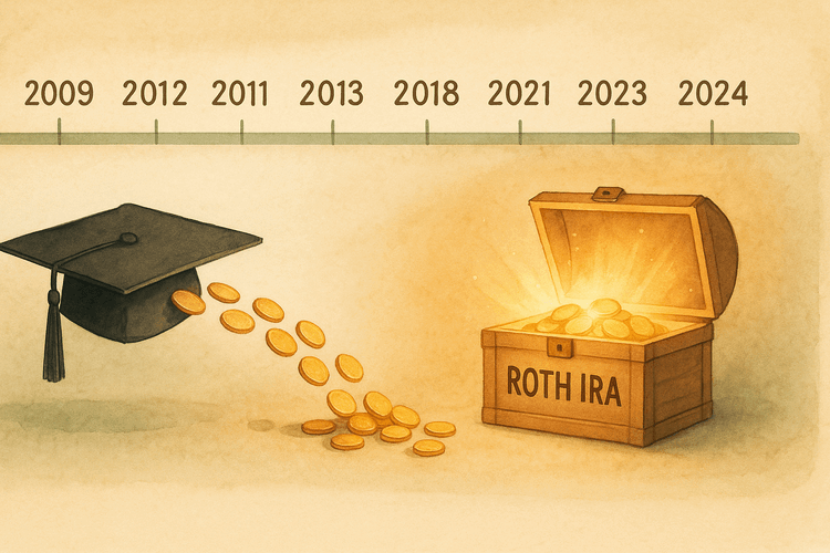 Wooden bridge connecting college campus to retirement community with "$35,000" carved in planks, symbolizing financial transition.