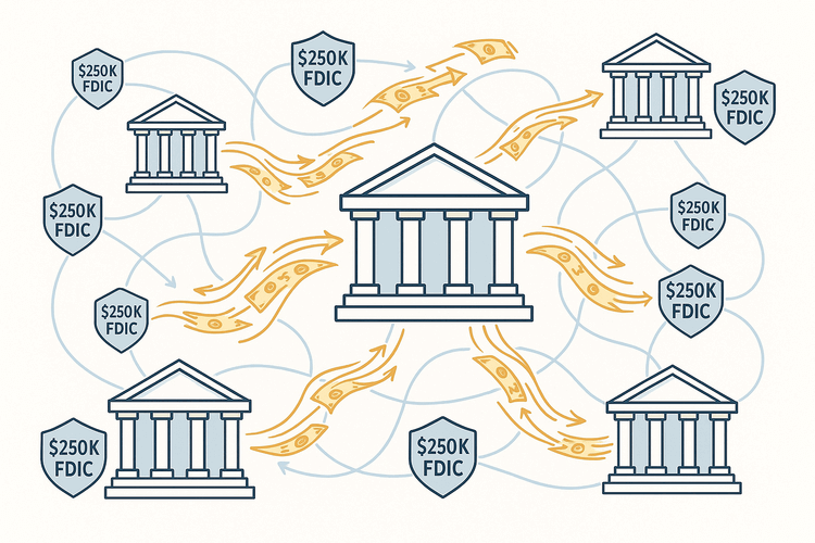 Bank vault interior with open deposit boxes containing cash and documents, modern security architecture in blue and gold tones.