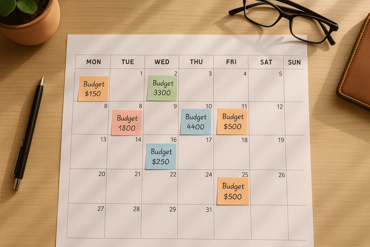 "Overhead view of organized desk calendar with colorful appointment blocks and handwritten budget amounts in natural lighting"