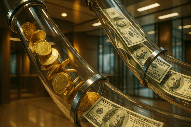 Gold coins and dollar bills flowing through transparent glass tubes in a modern banking facility.