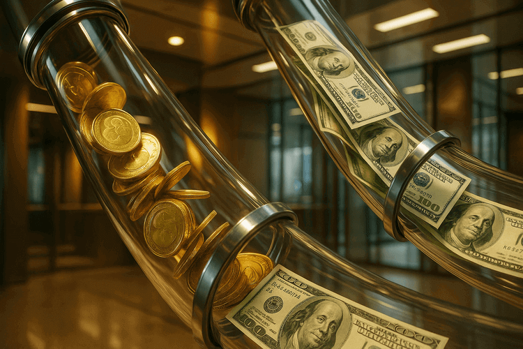 Gold coins and dollar bills flowing through transparent glass tubes in a modern banking facility.
