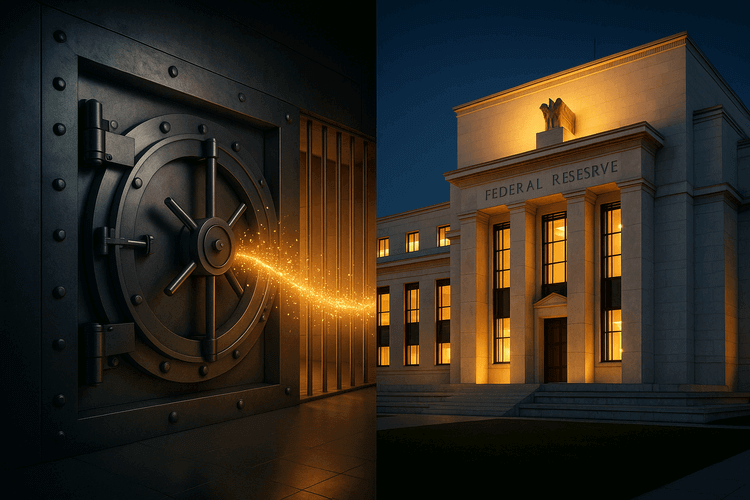 Federal Reserve building and bank vault connected by golden light stream representing instant money transfer at twilight.