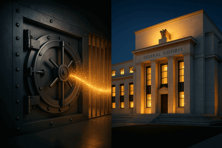 Federal Reserve building and bank vault connected by golden light stream representing instant money transfer at twilight.