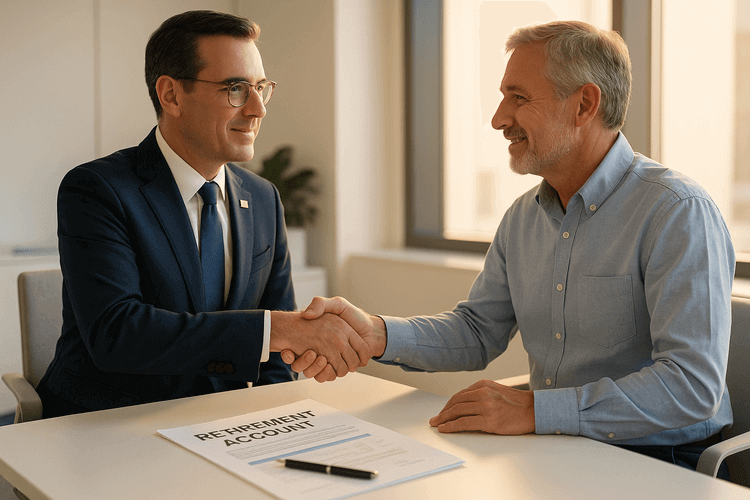 Government representative and individual shake hands in modern office with retirement documents, symbolizing financial partnership.