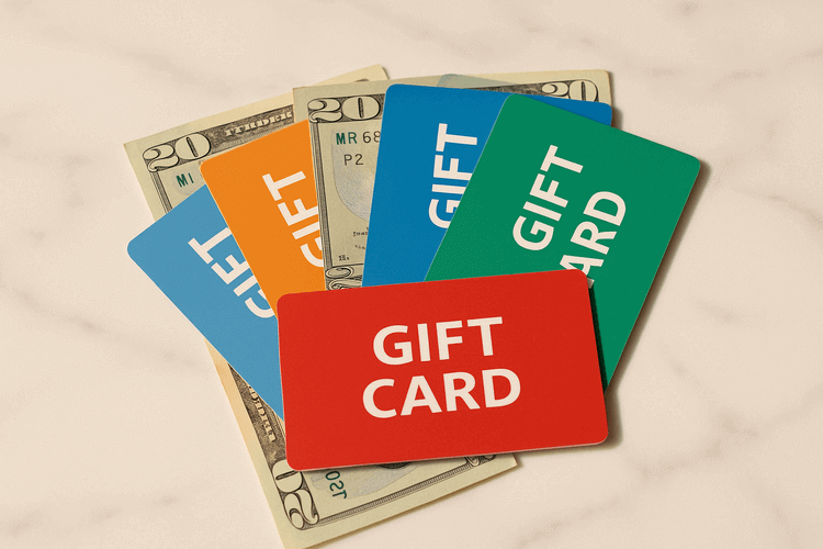 Colorful gift cards fanned out on marble surface with twenty dollar bills underneath.