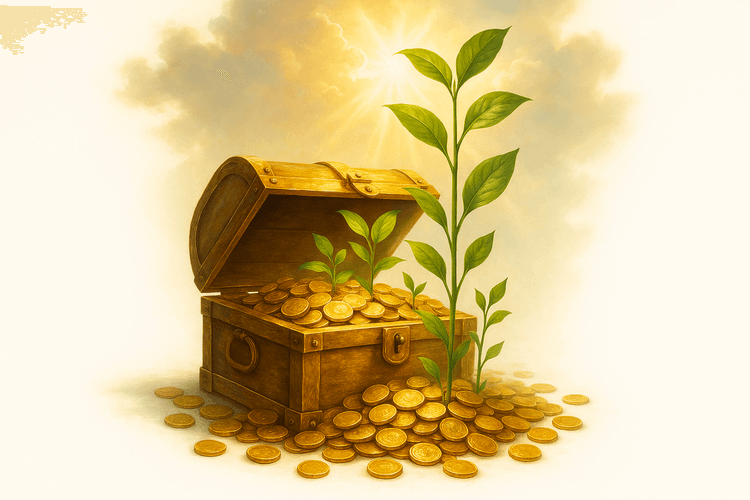 "Golden treasure chest with coins transforming into green plants against white background"