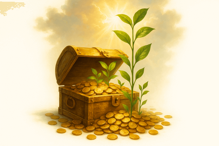 "Golden treasure chest with coins transforming into green plants against white background"