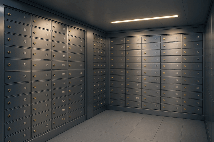Professional bank vault with rows of safety deposit boxes in polished metal, featuring clean architecture and warm lighting.