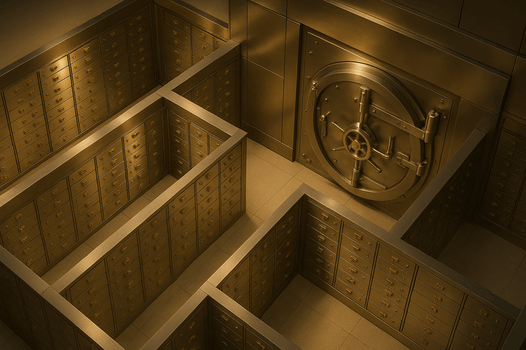 Bank vault interior with rows of safety deposit boxes in geometric arrangement, illuminated by warm golden lighting.