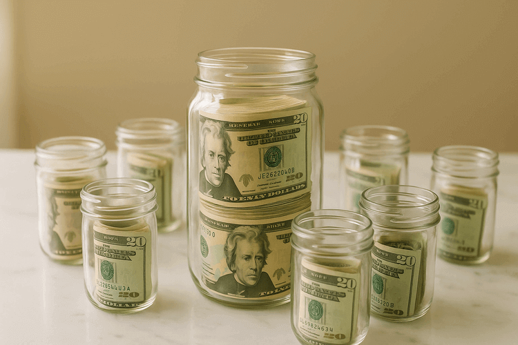Glass jar filled with stacked twenty dollar bills on marble counter, surrounded by smaller cash-filled containers.