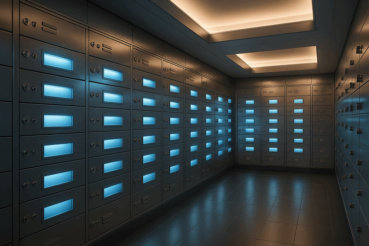 Professional bank vault with illuminated safety deposit boxes in organized rows, featuring sleek metallic surfaces and modern blue lighting.