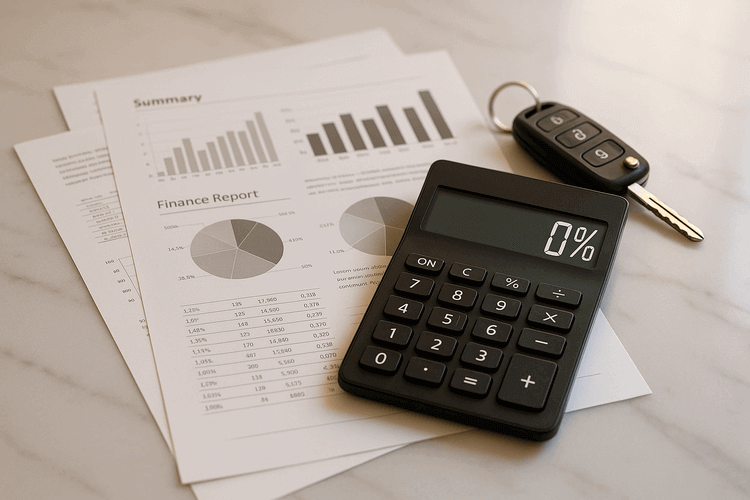 Calculator showing 0% next to financial documents and car keys on marble surface