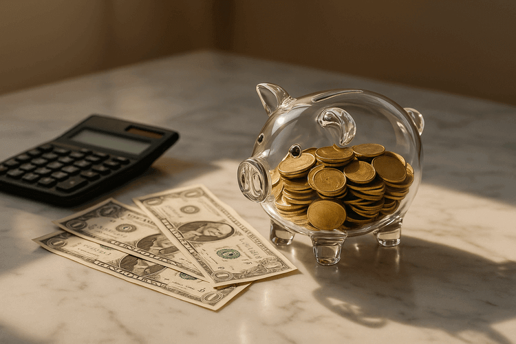 Gold coins in glass piggy bank with calculator and dollar bills on marble surface