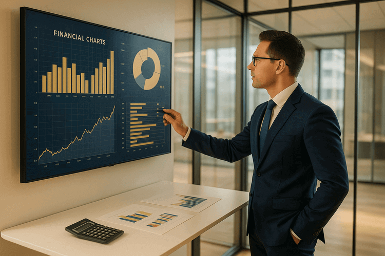 Businessman analyzing financial charts on wall display in modern office