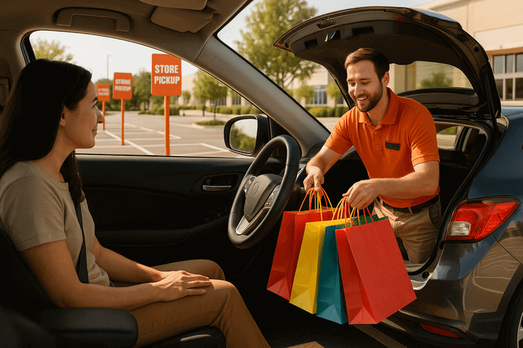 Person in car receiving colorful shopping bags from store employee during curbside pickup service.
