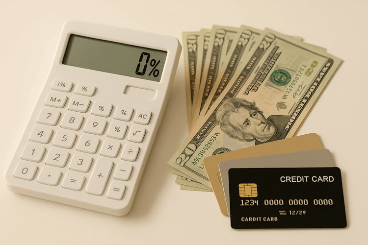 Calculator showing 0% next to credit cards and twenty dollar bills on white background.