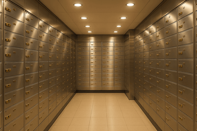 Bank vault with rows of safety deposit boxes in polished steel with warm lighting.
