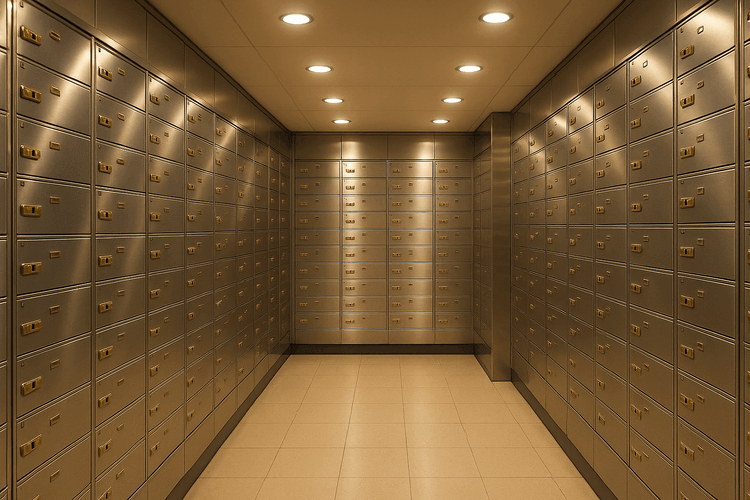 Bank vault with rows of safety deposit boxes in polished steel with warm lighting.