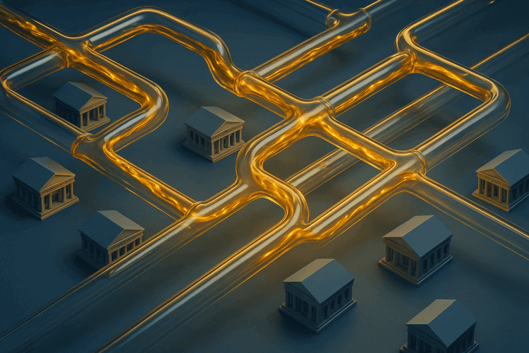 Glass tubes with flowing golden liquid connecting miniature bank buildings in an aerial view, representing secure financial networks.