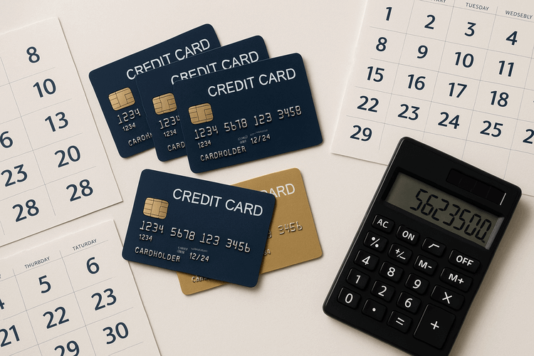 Professional desk setup with credit cards fanned out, calculator, and calendar pages on white background