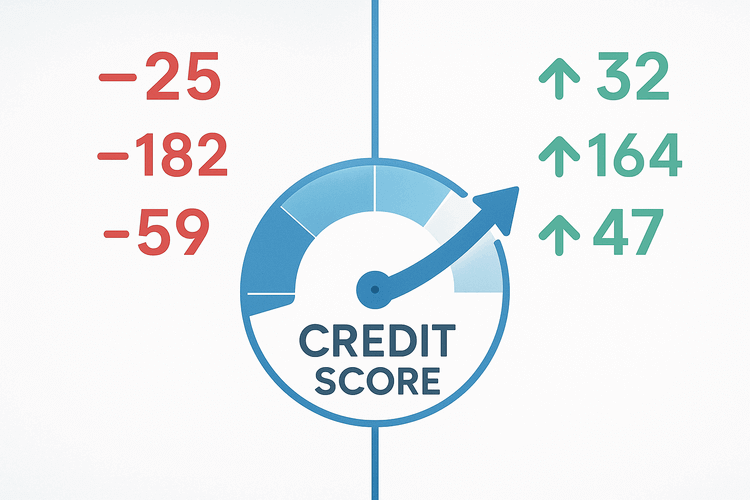 Credit score gauge with arrow showing improvement from declining red numbers to rising green numbers