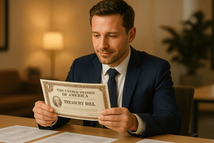 Businessman in navy suit examining U.S. Treasury Bill certificate in modern office setting.