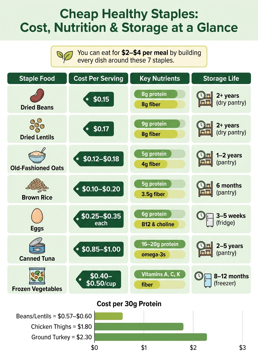 Cheap Healthy Staples: Cost, Nutrition & Storage at a Glance