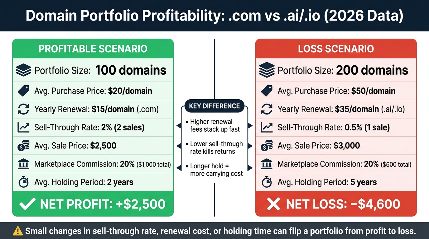 Domain Investing Profitability 2026: .com vs .ai/.io Portfolio Math