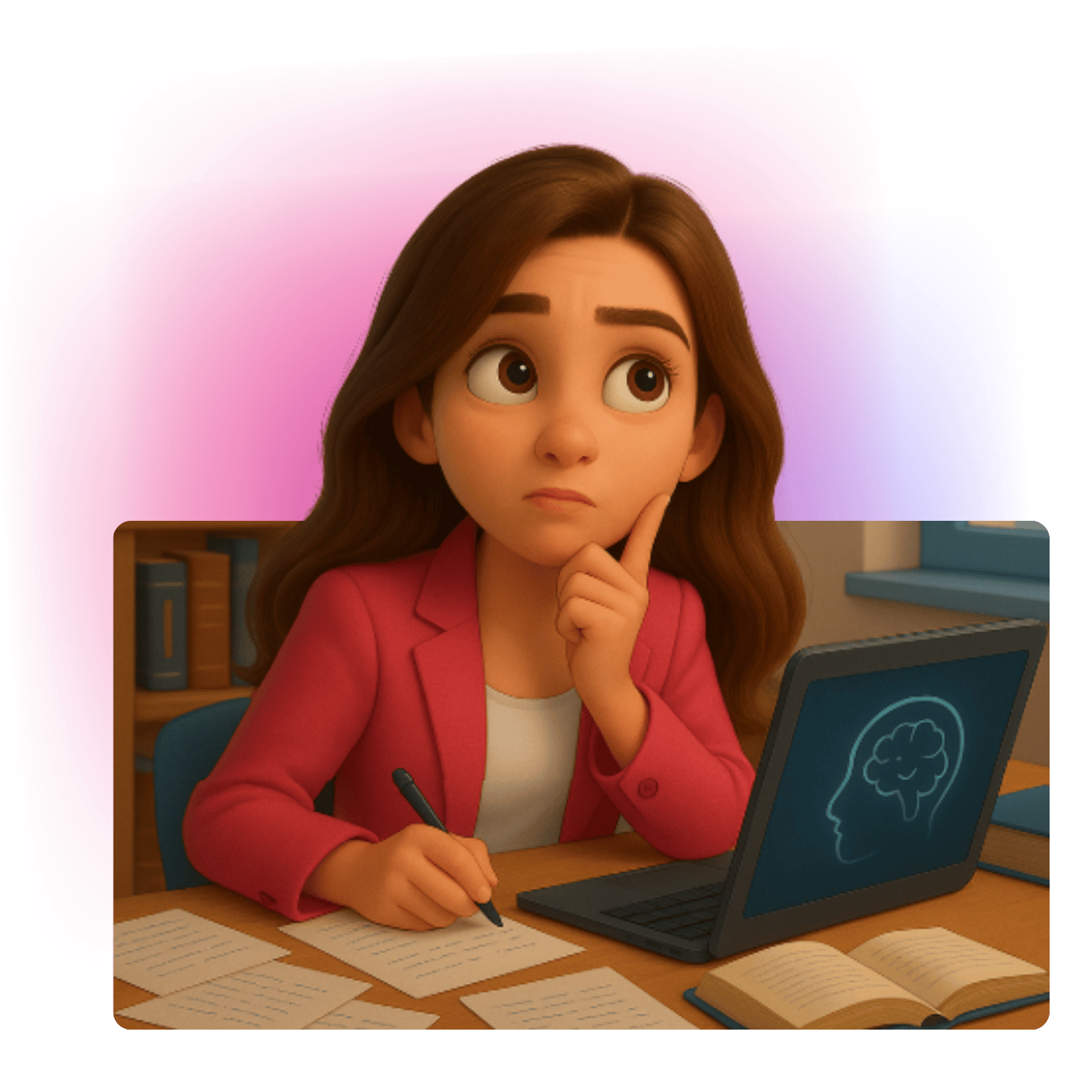 Wiktoria Chojcan jako animowana postać w czerwonym garniturze siedzi przy biurku z laptopem i rozrzuconymi notatkami, trzyma długopis w ręku i patrzy zamyślona, rozważając zastosowanie sztucznej inteligencji w nauce.