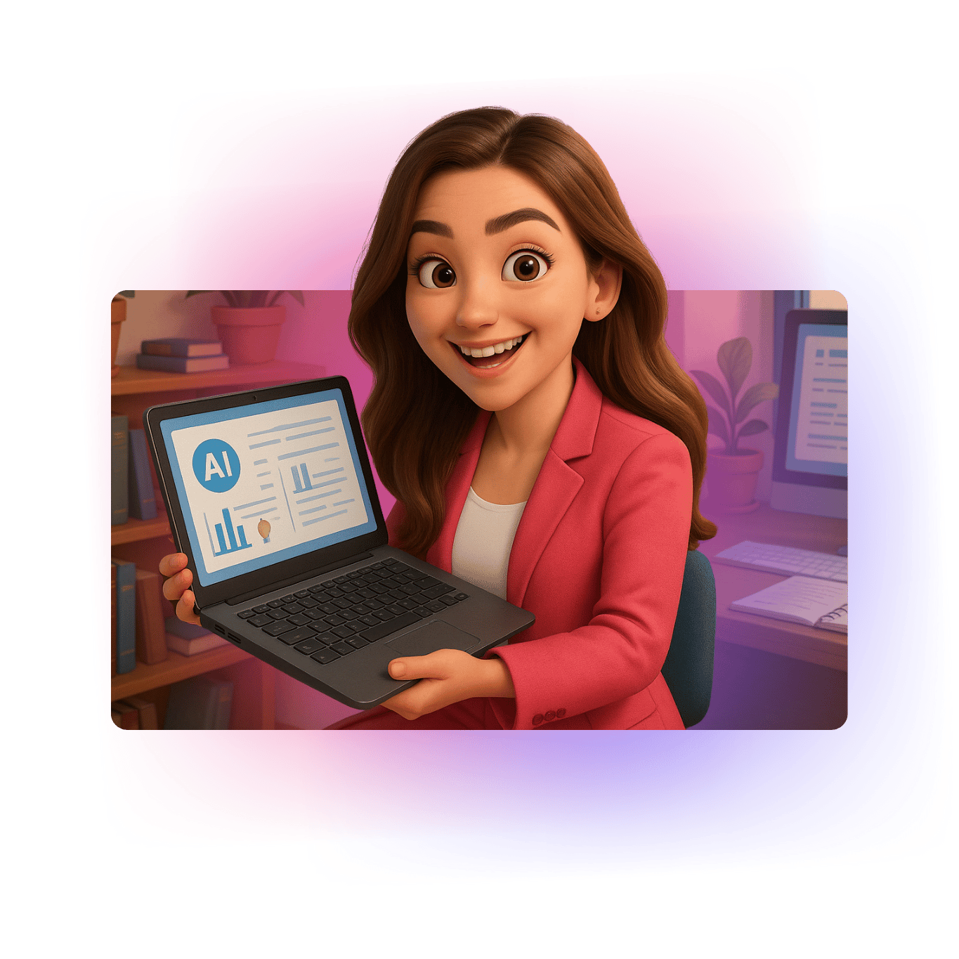 Wiktoria Chojcan w animowanej formie, ubrana w czerwony garnitur, trzyma laptopa, na którego ekranie widać wykresy i ikonę „AI”, uśmiechnięta i prezentująca możliwości sztucznej inteligencji w nauce.