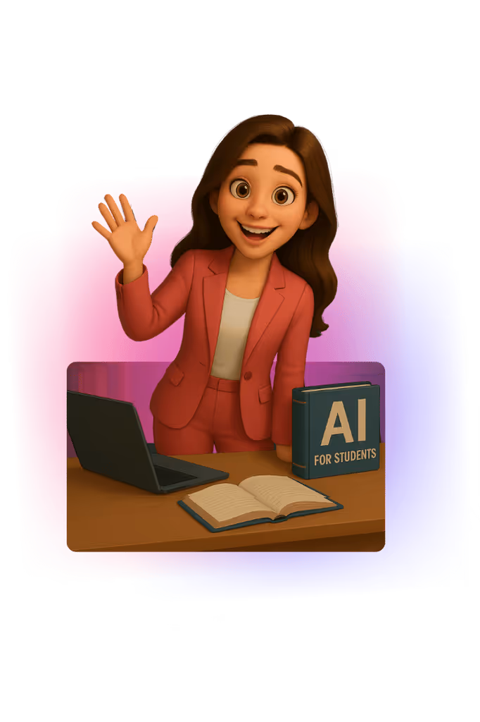 Wiktoria Chojcan stoi przy biurku z laptopem i podręcznikiem „AI for Students”, uśmiecha się i macha ręką, zachęcając do wykorzystania sztucznej inteligencji w nauce.