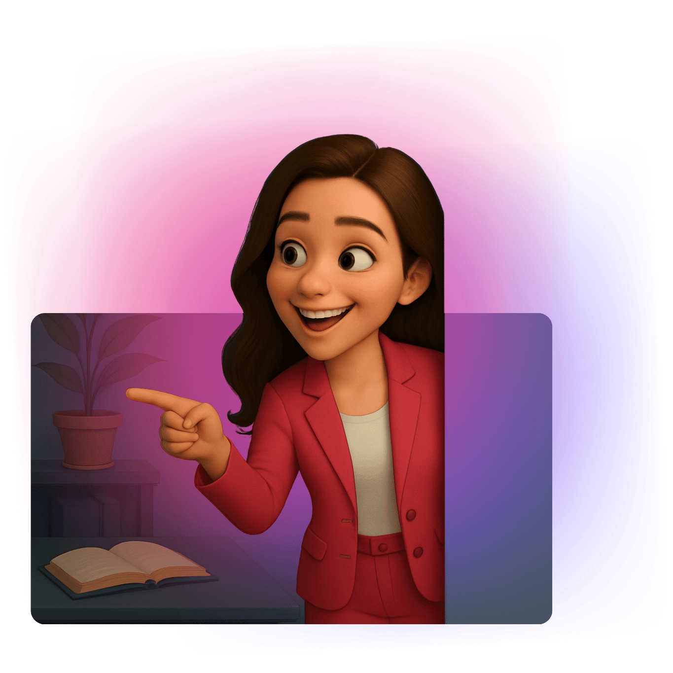 Wiktoria Chojcan jako animowana postać w czerwonym garniturze wychodząca z ekranu laptopa i wskazująca palcem w bok, zachęcająca do skorzystania z narzędzi AI wspierających naukę.