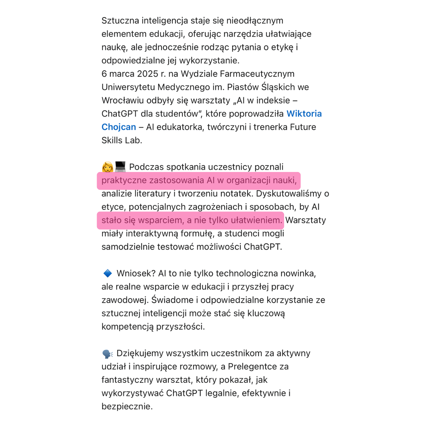Zrzut ekranu artykułu opisującego warsztaty „AI w indeksie – ChatGPT dla studentów” prowadzonych przez Wiktorię Chojcan, z informacją o praktycznych zastosowaniach AI w organizacji nauki