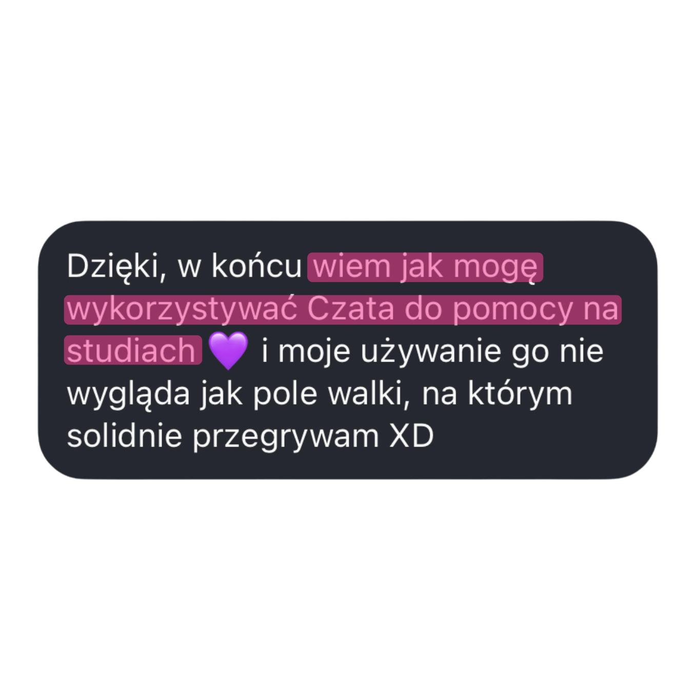 Zrzut ekranu komentarza na czarnym tle, gdzie uczestnik dziękuje Wiktorii Chojcan za nauczenie, jak wykorzystywać ChatGPT w studiach