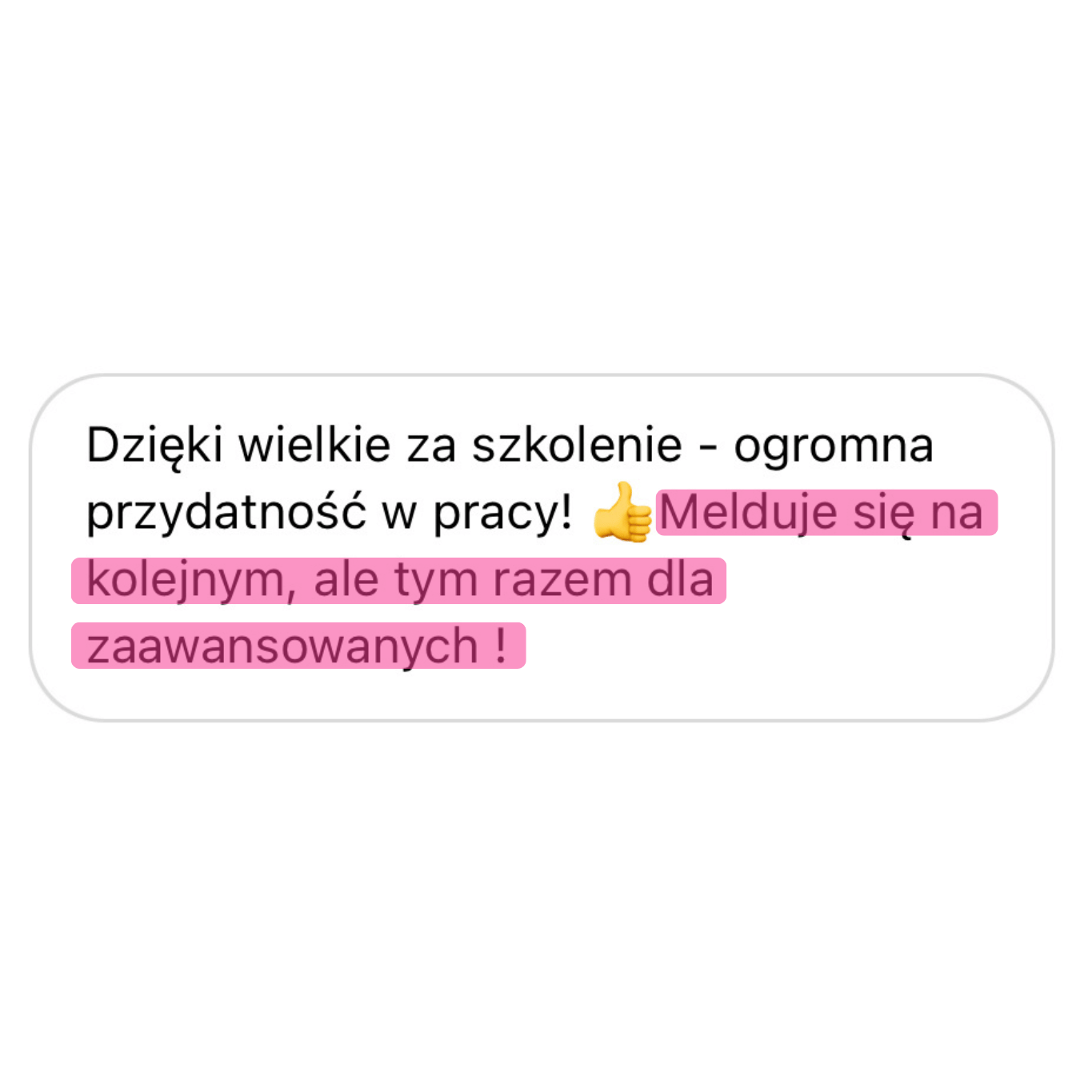 Zrzut ekranu na białym tle, uczestnik dziękuje Wiktorii Chojcan za szkolenie z ChatGPT i zgłasza się na wersję zaawansowaną