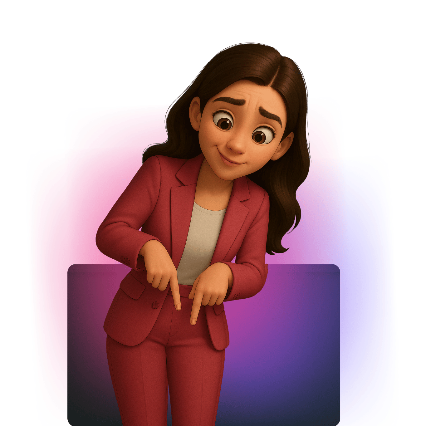 Wiktoria Chojcan jako animowana postać w czerwonym garniturze, uśmiechająca się i wskazująca palcami w dół – zachęta do skorzystania z narzędzi i materiałów AI dla studentów.