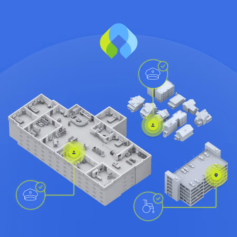 3D models of buildings with highlighted locations of Canopy solutions throughout the campus.