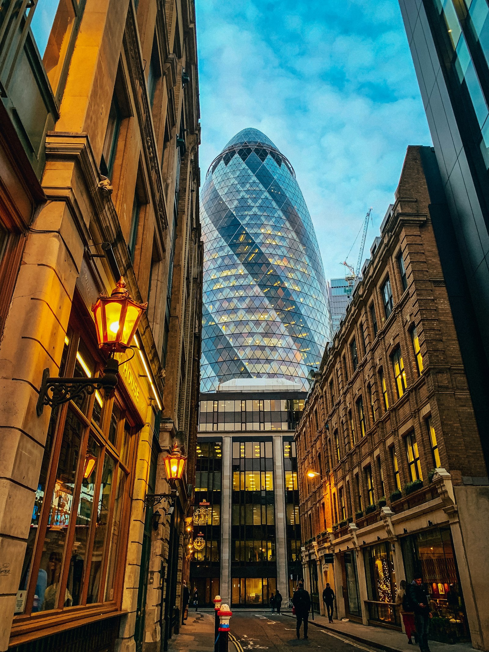 A glass office tower from below