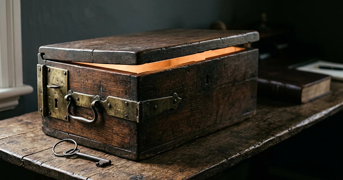 A wooden strongbox with its lid ajar and a key beside it