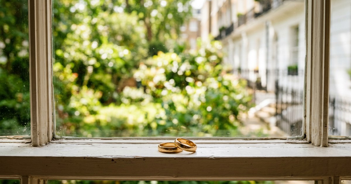 Two wedding rings resting together on a sunlit sash windowsill