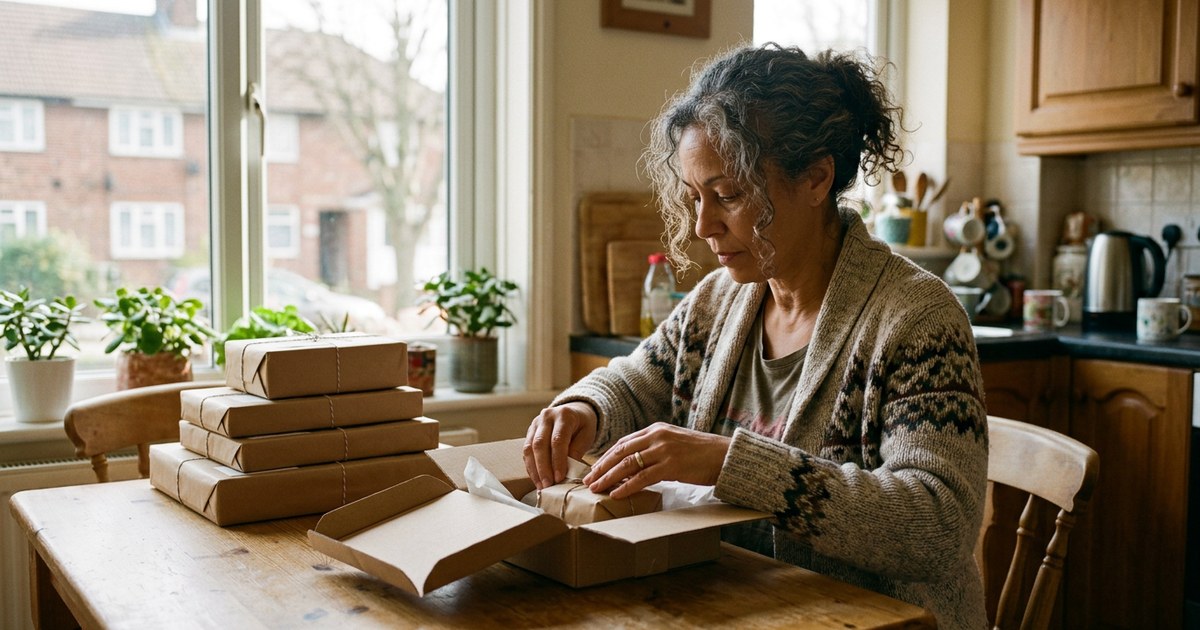 A woman packing parcels for her small online shop at a kitchen table