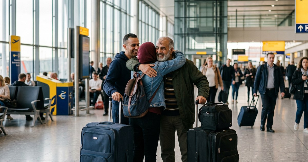A family embracing in an airport arrivals hall beside their suitcases